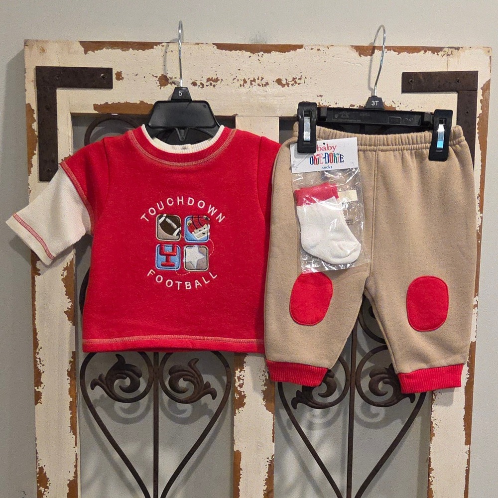VTG Y2K Baby Okie Dokie Football Sweatshirt Pants Socks Set 0-3 Months Red Tan